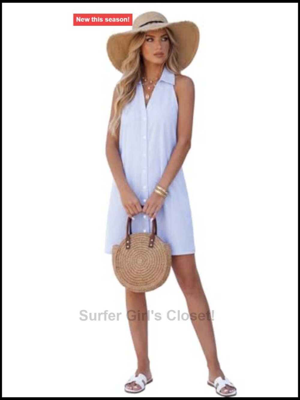 Women's Striped Collared Mini Beach Dress, Sleeveless A-Line Casual Vacation - Picture 6 of 7